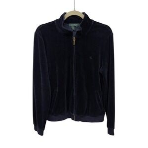 Lauren Ralph Lauren Womens Navy Blue Velour Track Jacket Large  Od Money